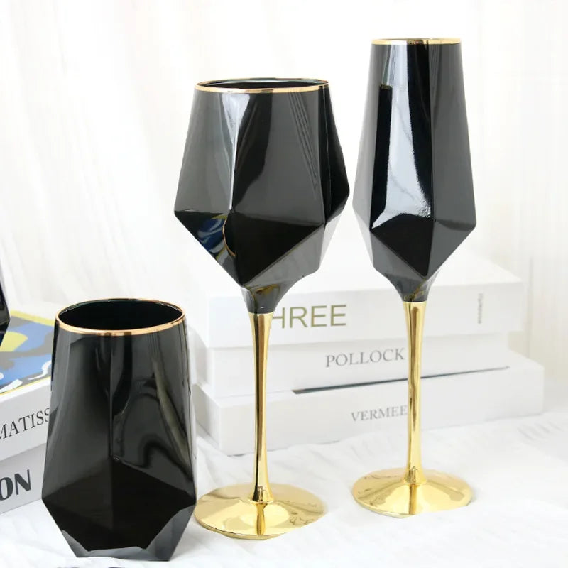 Simple wine glass, gold edged, black electroplated, straight glass, irregular cup, tall and footed cup - Kelche24