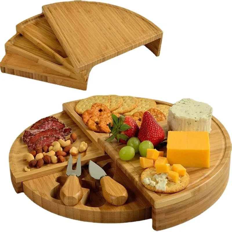Bamboo Cheese Plate Cheese Cutting Board Pull-Out Scalloped Bamboo Cheese Board Deli Board Assortment Snack Platter - Kelche24