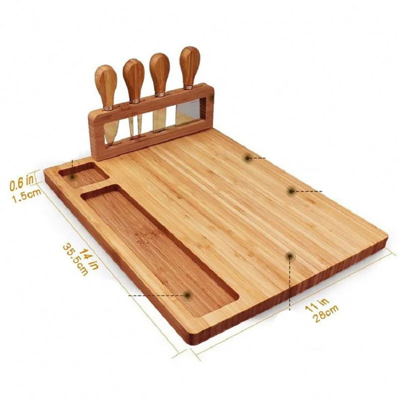 Bamboo Cheese Board Set with 4 Pieces Cheese Knives Bread Dessert Container Dish Wooden Charcuterie Platter Serving Tray - Kelche24