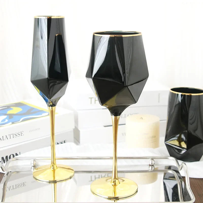 Simple wine glass, gold edged, black electroplated, straight glass, irregular cup, tall and footed cup - Kelche24