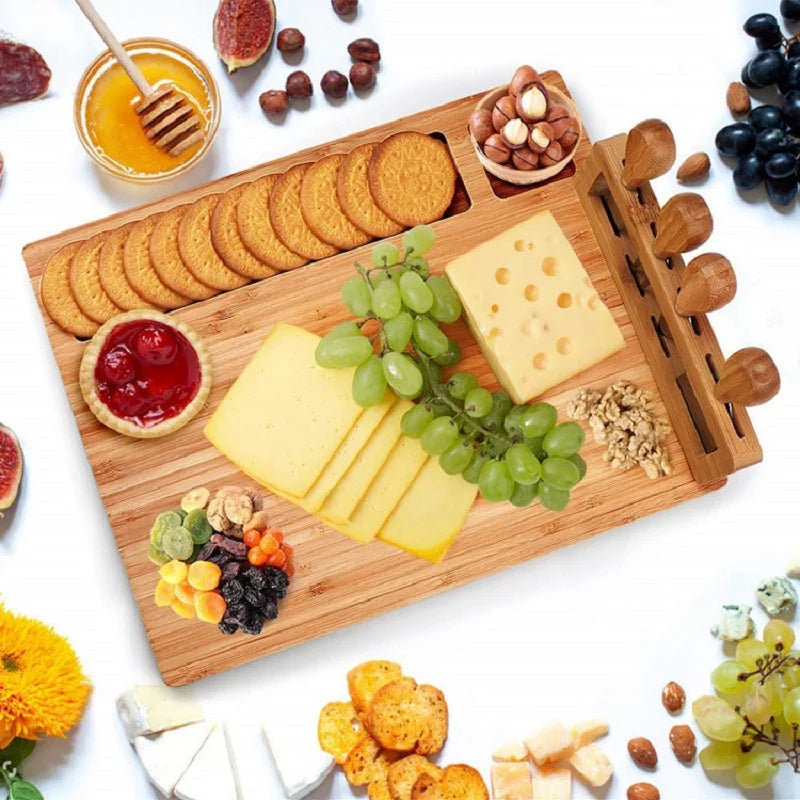 Bamboo Cheese Board Set with 4 Pieces Cheese Knives Bread Dessert Container Dish Wooden Charcuterie Platter Serving Tray - Kelche24