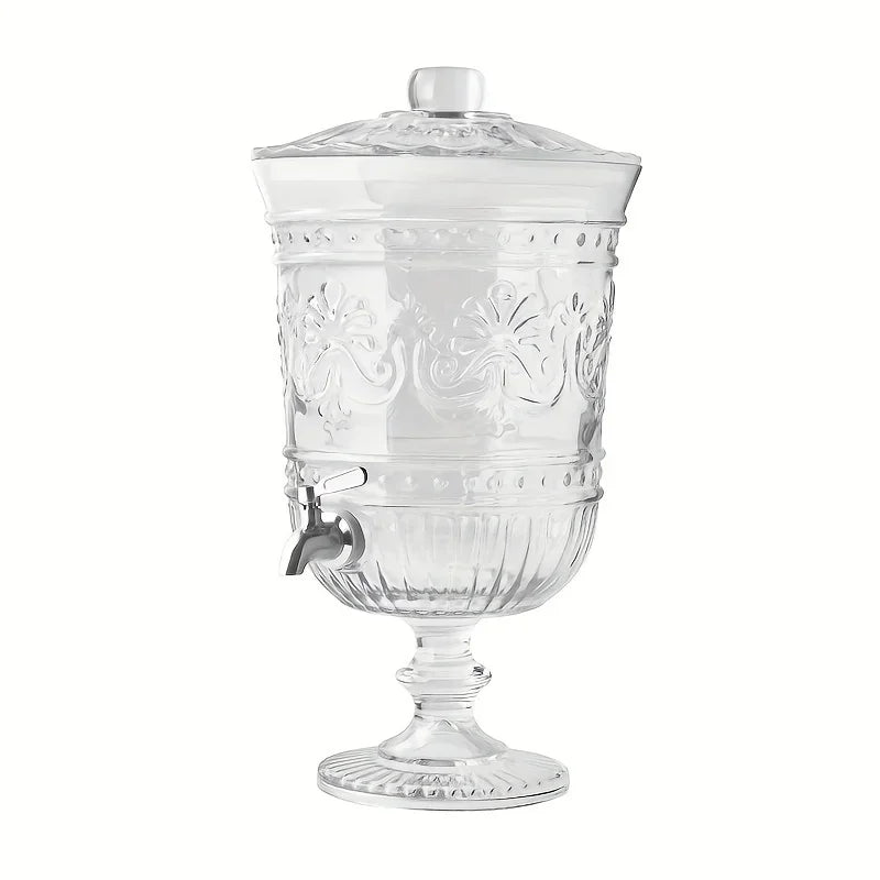 Optimize product title:
"Elegant Embossed Design 2-Gallon Clear Glass Beverage Dispenser - Perfect for Home Decor and Easy Cleaning" - Kelche24