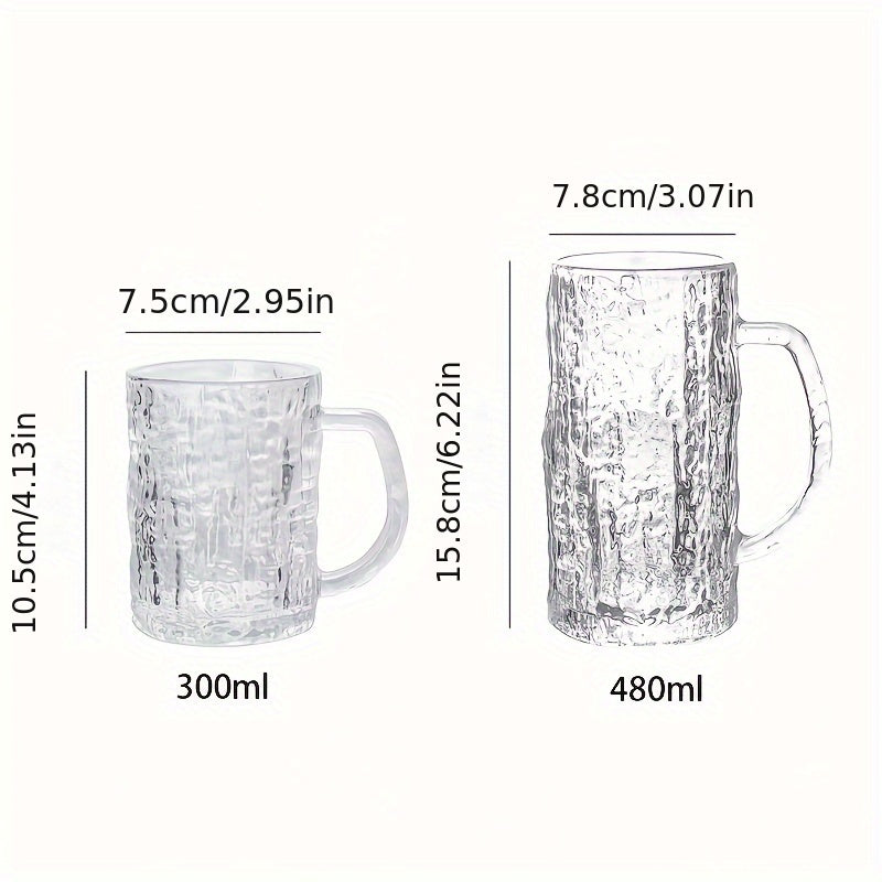 6er-Set, Vintage Rindenmuster Glasbecher mit Henkel, Kneipen-Bierglas, Bierkrüge - Bleifrei, Wiederverwendbar für Eiskaffee, Bier & Whiskey, Gefrierschrankgeeignet - Ideal für Partys & Zuhause, Sommer-Winter-Trinkgeschirr, 300ml/10.2oz, 480ml/16.4oz