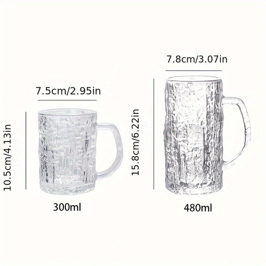 6er-Set, Vintage Rindenmuster Glasbecher mit Henkel, Kneipen-Bierglas, Bierkrüge - Bleifrei, Wiederverwendbar für Eiskaffee, Bier & Whiskey, Gefrierschrankgeeignet - Ideal für Partys & Zuhause, Sommer-Winter-Trinkgeschirr, 300ml/10.2oz, 480ml/16.4oz