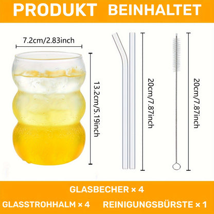 4er-Set gerippte Glasbecher (550 ml) mit Strohhalmen & Bürste – vielseitig & wiederverwendbar. 🍹✨