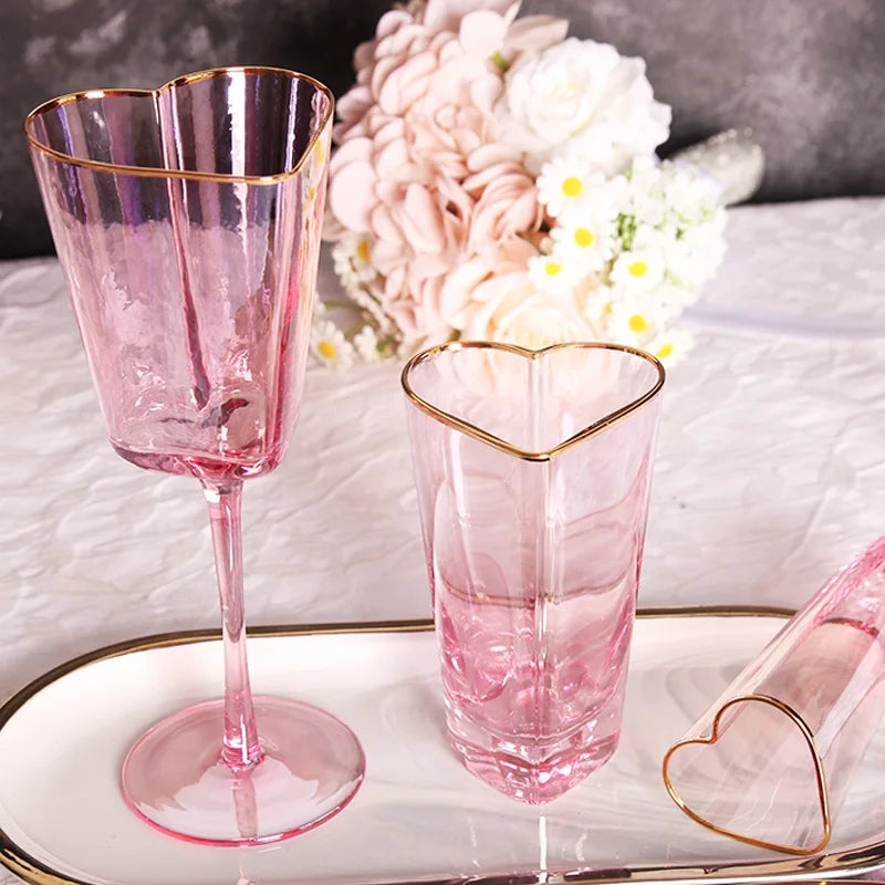 Pink Hammered Phnom Penh Red Wine Glasses Heart-shaped Barware Set Champagne Glasses Juice Glass Mug Goblets - Kelche24