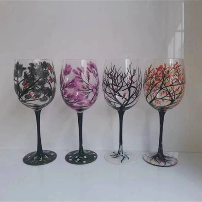 Four Seasons Tree Wine Glass Hand Painted Goblets Wine Glass Unique High Legged Glass Cup Glassware for Family Friend Drop Ship - Kelche24