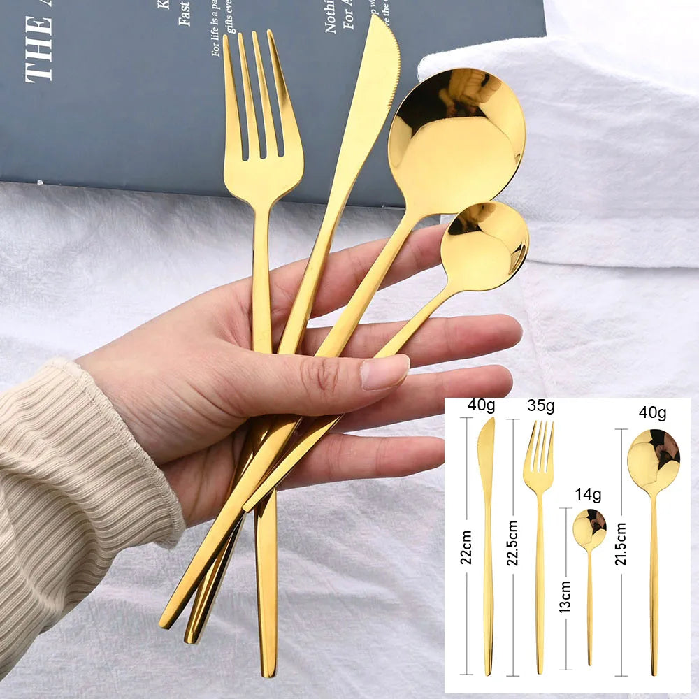 24Pcs Black Handle Golden Cutlery Set Stainless Steel Knife Fork Spoon Tableware Flatware Set Festival Kitchen Dinnerware Gift - Kelche24