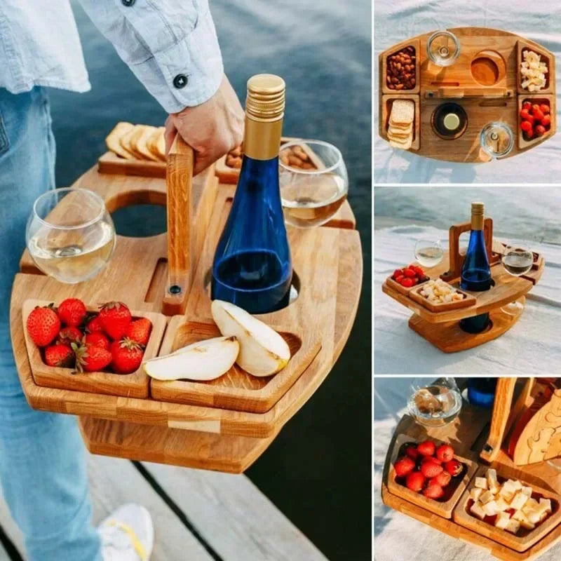 Portable Wooden Picnic Table Carry Handle Outdoor Folding Wine Table Removable Wine Glass Holder Folding Low Table Snack Tray - Kelche24