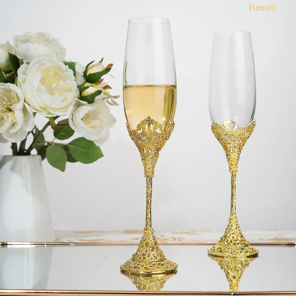 1-2Pcs Wedding Toasting Flutes Set Drink Goblet Cup Crystal Champagne Glasses & Metal Base With Crystal Stones Hollow-out Decor - Kelche24