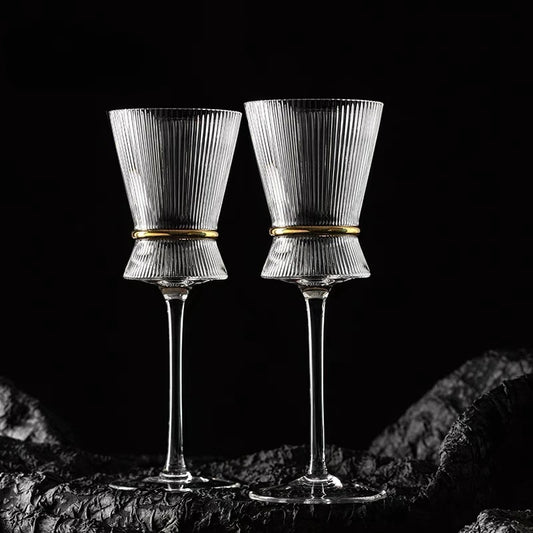 Glass Vertical Stripes Goblet Champagne Glass Cocktail Glass Gold Belt with Gold Wine Glasses - Kelche24