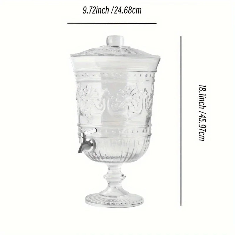 Optimize product title: 
"Elegant Embossed Design 2-Gallon Clear Glass Beverage Dispenser - Perfect for Home Decor and Easy Cleaning" - Kelche24