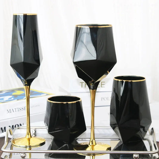 Simple wine glass, gold edged, black electroplated, straight glass, irregular cup, tall and footed cup - Kelche24