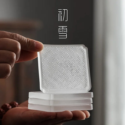 Japanese Style Sea Wave Pattern Glass Coaster, Square, Round, Whiskey, Teacup, Kung Fu Tea Cup Mat, Saucer, Wine Tumbler Holder - Kelche24