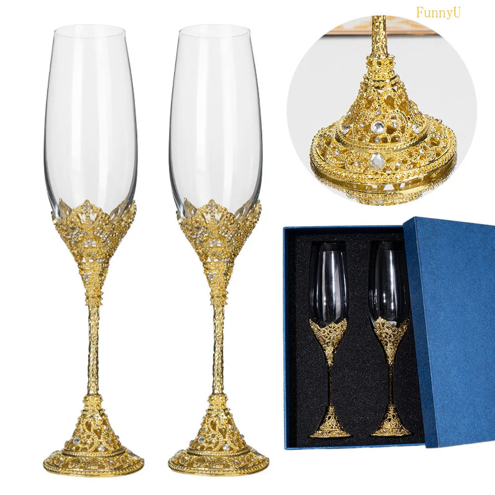 1-2Pcs Wedding Toasting Flutes Set Drink Goblet Cup Crystal Champagne Glasses & Metal Base With Crystal Stones Hollow-out Decor - Kelche24