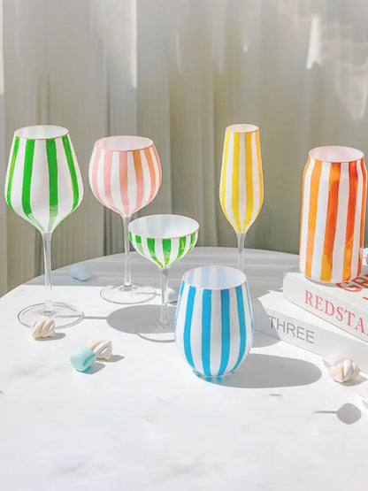 Creative Blue White Striped Hand Painted Cocktail Champagne Goblet Water Cup Red Wine Glass Set Party Wedding Barware - Kelche24