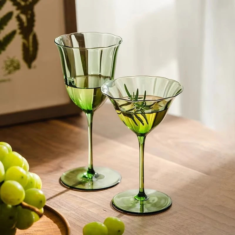 Nordic Retro Flower Wine Glasses Champagne Cup Set Crystal Goblet Glass Cocktail Glass Martini Cup Ribbed Pink Green Wine Glasse - Kelche24