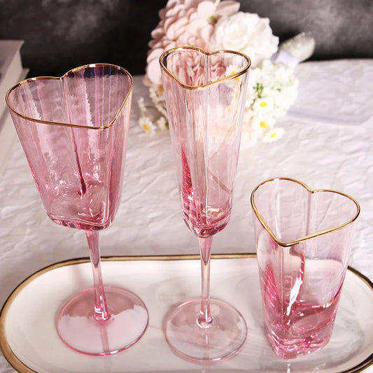 Pink Hammered Phnom Penh Red Wine Glasses Heart-shaped Barware Set Champagne Glasses Juice Glass Mug Goblets - Kelche24