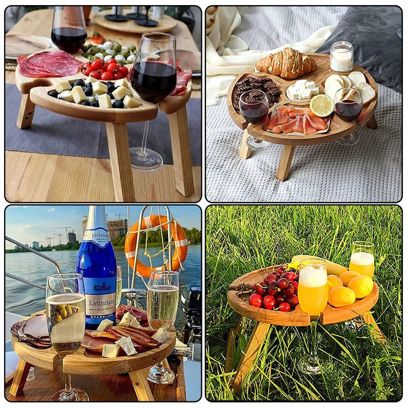 Wooden Outdoor Portable Folding Wine Picnic Table Camping Cheese Board Tray Foldable Snack Table Wine Rack Tourist Fruit Table - Kelche24