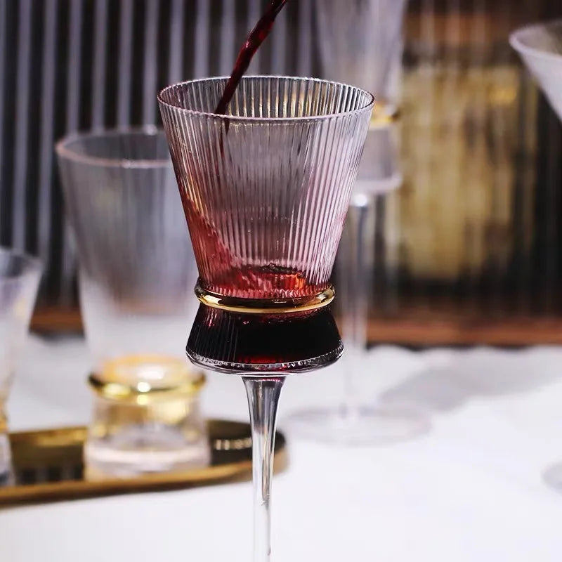 Glass Vertical Stripes Goblet Champagne Glass Cocktail Glass Gold Belt with Gold Wine Glasses - Kelche24