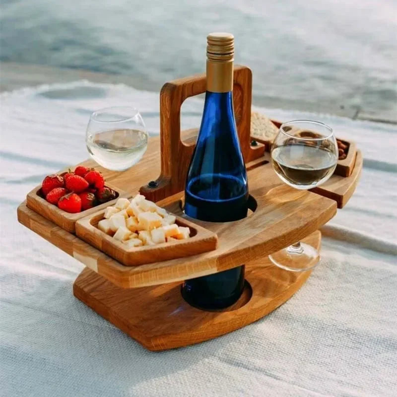 Portable Wooden Picnic Table Carry Handle Outdoor Folding Wine Table Removable Wine Glass Holder Folding Low Table Snack Tray - Kelche24