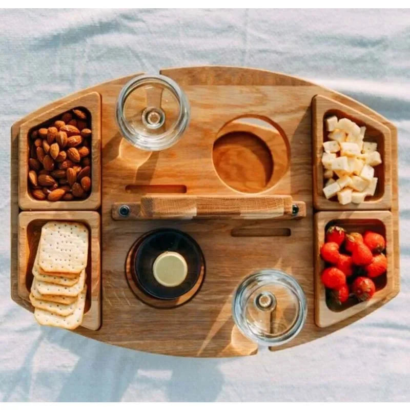 Portable Wooden Picnic Table Carry Handle Outdoor Folding Wine Table Removable Wine Glass Holder Folding Low Table Snack Tray - Kelche24