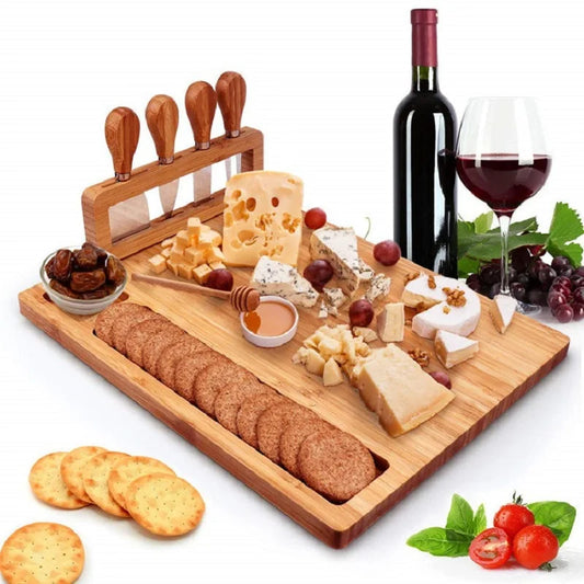 Bamboo Cheese Board Set with 4 Pieces Cheese Knives Bread Dessert Container Dish Wooden Charcuterie Platter Serving Tray - Kelche24