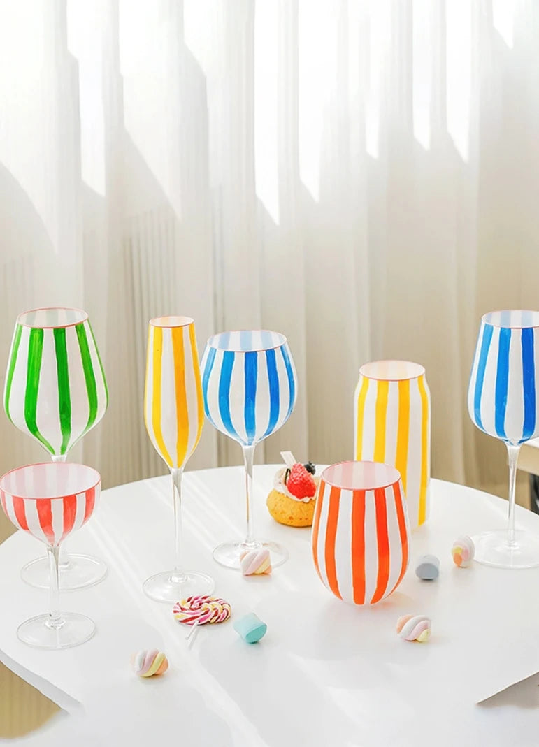 Creative Blue White Striped Hand Painted Cocktail Champagne Goblet Water Cup Red Wine Glass Set Party Wedding Barware - Kelche24