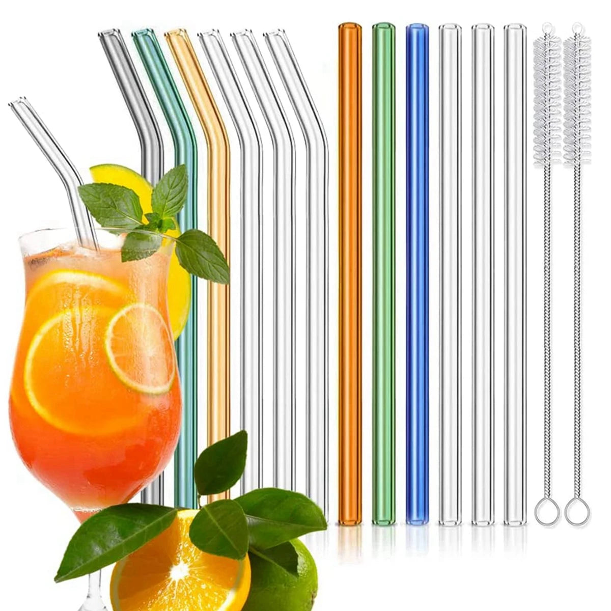 Multi-Color Reusable Glass Straws Set with Cleaning Brush Eco-Friendly Drinking Straws for Cocktail Milkshake Smoothie Barware - Kelche24