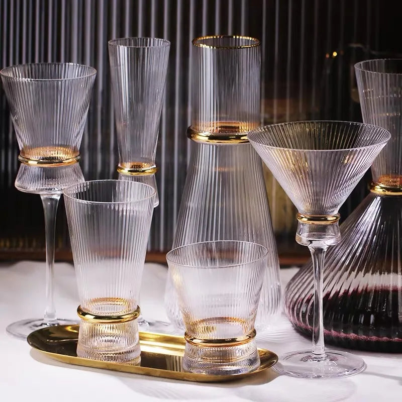 Glass Vertical Stripes Goblet Champagne Glass Cocktail Glass Gold Belt with Gold Wine Glasses - Kelche24