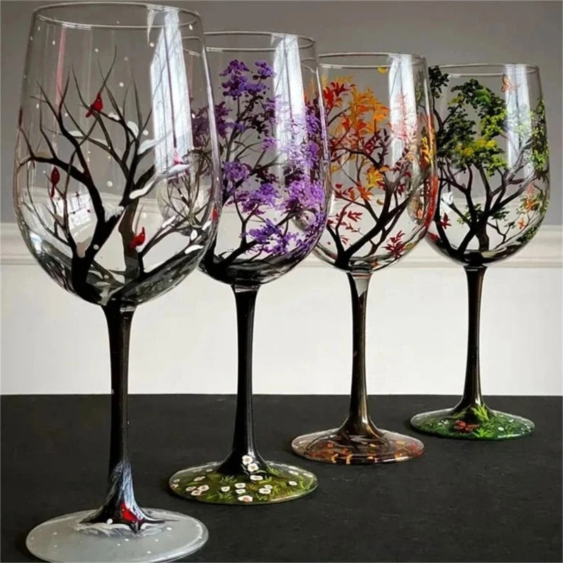 Four Seasons Tree Wine Glass Hand Painted Goblets Wine Glass Unique High Legged Glass Cup Glassware for Family Friend Drop Ship - Kelche24